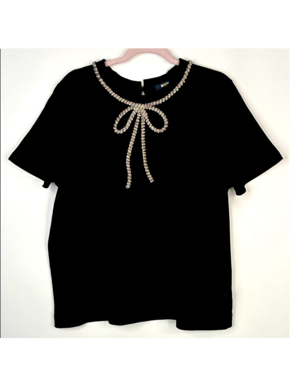 Anthropologie Mave Rhinestone Tee Black with Rhinestone Bow Detail Size L #0043